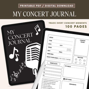 Puede incluir: Un diario de conciertos digital en una tableta. La portada negra muestra "MY CONCERT JOURNAL" y notas musicales. Incluye secciones para registrar detalles del concierto, teloneros y momentos destacados. El diario tiene 100 páginas.