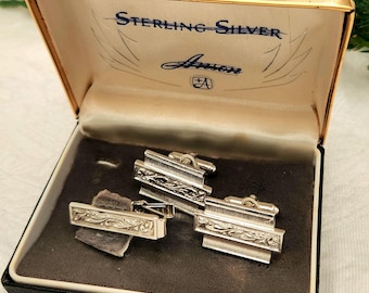 Vintage Mid-Century Silver-Tone Cuff Links and Tie Bar Set