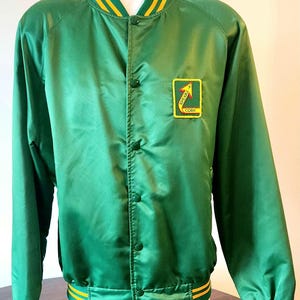 Vintage Grüne Satin Bomberjacke - 1970er/1980er Jahre Jacke der lokalen kanadischen Sportmannschaft