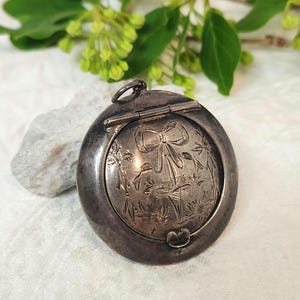Antique Art Nouveau Sterling Silver Locket Compact Necklace - Etched Bow Pendant