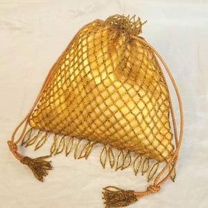 Vintage Gold Beaded Hong Kong Purse - Drawstring Bag with Bead Fringe & Tassles