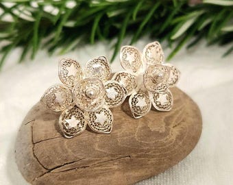 May include: Close-up of two silver flower-shaped earrings. Each earring features a detailed filigree design with a central bead and star-shaped accents. The earrings rest on a piece of driftwood, with green foliage in the background.