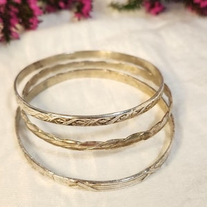 Vintage Etched Silver-Tone Mexico Bangle Bracelets - Set of 3