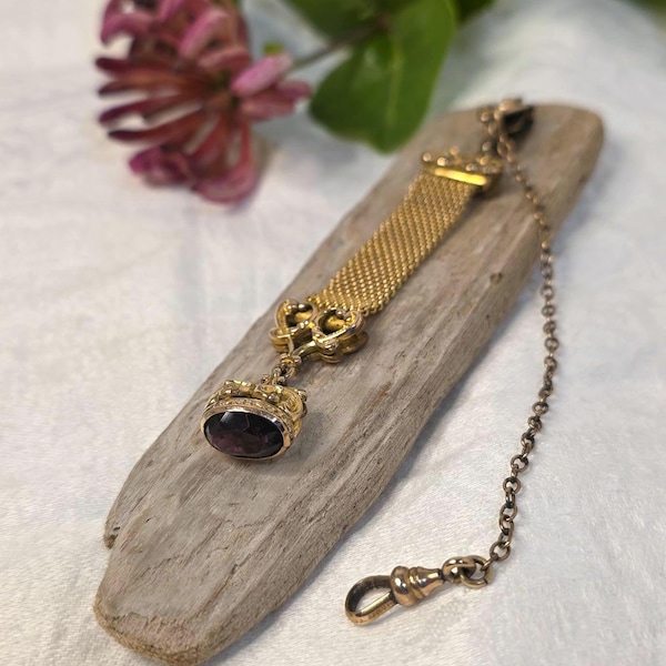 Chaîne avec gousset pour montre de poche en maille dorée antique avec pierre de couleur améthyste