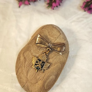 Op de afbeelding: Goudkleurige broche met een strik en een heraldisch embleem met een leeuw en bladeren. De broche ligt op een stuk drijfhout, met roze bloemen op de achtergrond. De broche is waarschijnlijk vintage.