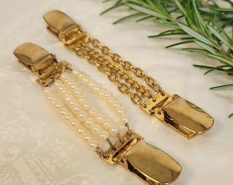 Vintage Faux Pearl & Gold-Tone Sweater Guards or Collar Chains