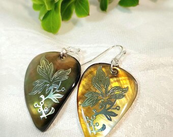 Vintage Mother-of-Pearl Hand-Painted Large Teardrop Earrings - Floral Design Drop Earrings