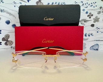 Cartier Vintage Premium High Quality Trendy Eyeglasses- Gold Black Frame With Clear Lens Glasses For Her, Him- Mothers Day gift- Labor Day