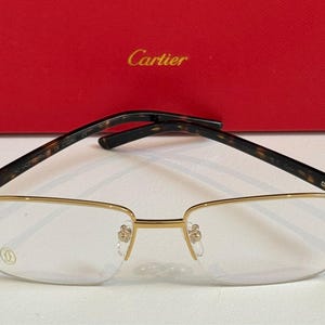 Trendy Vintage Cartier Half Rim Eyeglasses, Gold Tortoise Frame Unique Cartier With Clear Lens Eyewear, Gift For Her, Him, Labor Day Gift