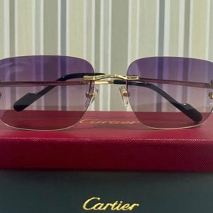Cartier C Type Rimless Frame Sunglasses, Vintage Titanium Gold Temples Cartier With Purple Lens Eyewear, Gift For Her, Him, Labor Day Gift