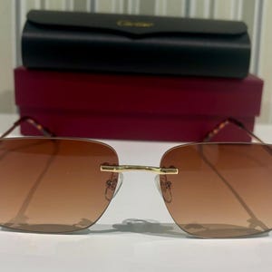 Cartier C Type Rimless Frame Sunglasses, Vintage Titanium Gold Temples Cartier With Brown Lens Eyewear, Gift For Her, Him, Labor Day Gift