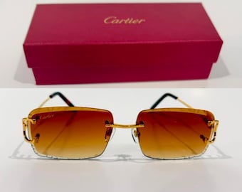 Cartier Rimless C Frame Sunglasses, Mod#CT0466 Vintage Gold Black Temples Brown Lens Eyewear, Gift For Her, For Him, Labor Day Gift