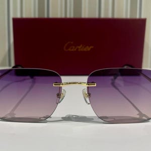 Cartier C Type Rimless Frame Sunglasses, Vintage Titanium Gold Temples Cartier With Purple Lens Eyewear, Gift For Her, Him, Labor Day Gift