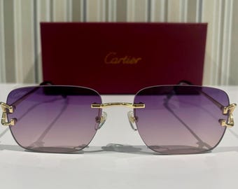 Gafas de sol sin montura con forma de C, modelo CT0330/S, estilo vintage, de metal dorado, patillas negras y lentes moradas. Regalo ideal para ella, para él o para papá.