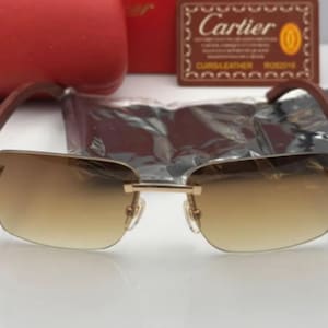 Cartier Santos Wood Frame Sunglasses, Gold Brown Temples With Brown Lens Vintage Eyewear, Labor Day Gift, Halloween Gift, Gift For Her, Him