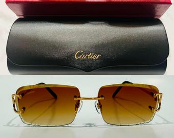 Cartier Rimless C Frame Sunglasses, Mod#CT0466 Vintage Gold Black Temples Brown Lens Eyewear, Gift For Her, For Him, Labor Day Gift