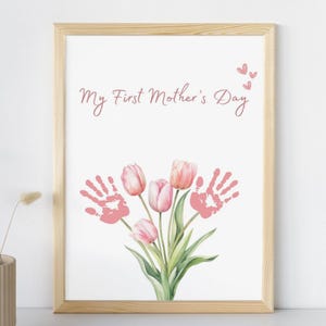 Meu Primeiro Dia das Mães | Arte de Parede com Impressão de Mãos para o Dia das Mães | Presente de Lembrança de Bebê Faça Você Mesmo para a Mãe | Arte Floral com Impressão de Mãos | Arte Digital Fofa