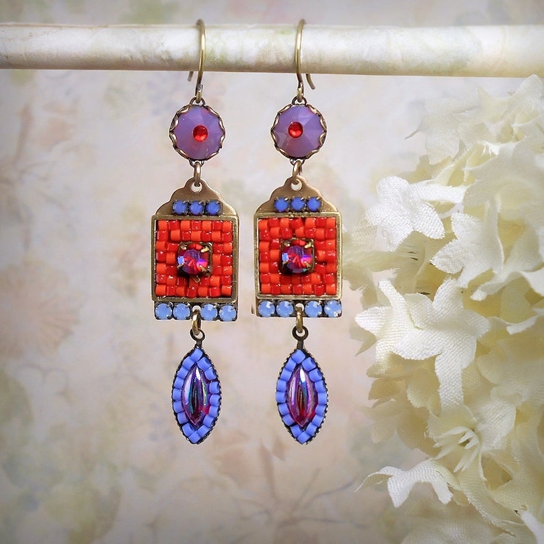 Wildfire Micro Mosaic Earrings Czech Glass Rhinestone Earrings Etsy