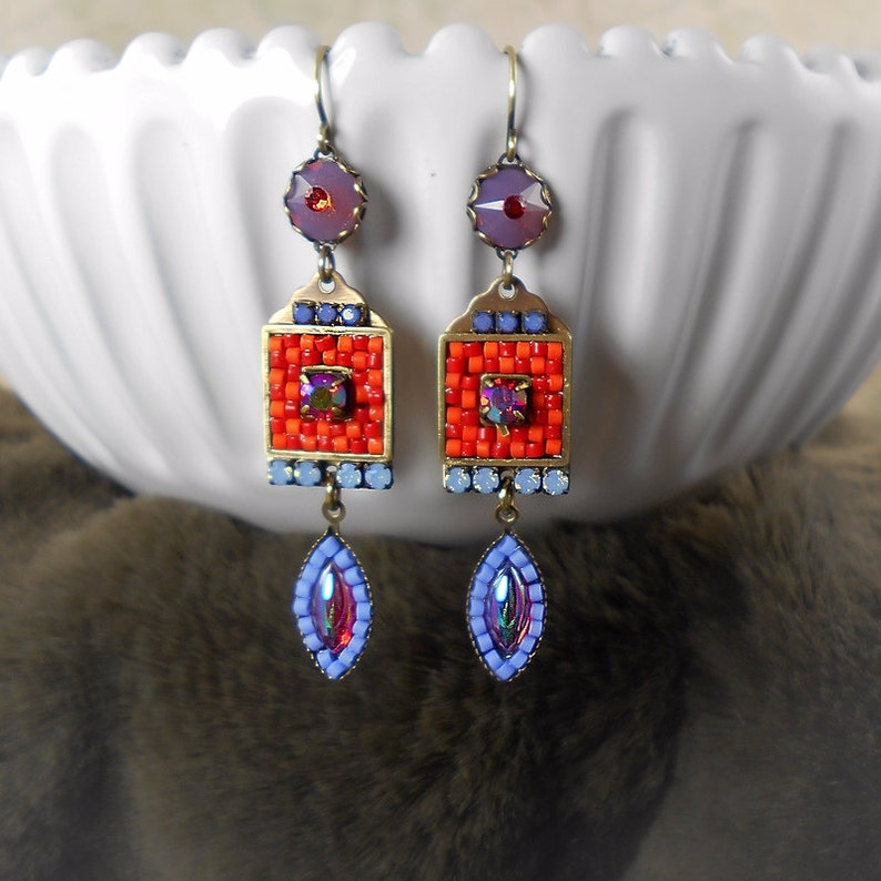 Wildfire Micro Mosaic Earrings Czech Glass Rhinestone Earrings Etsy