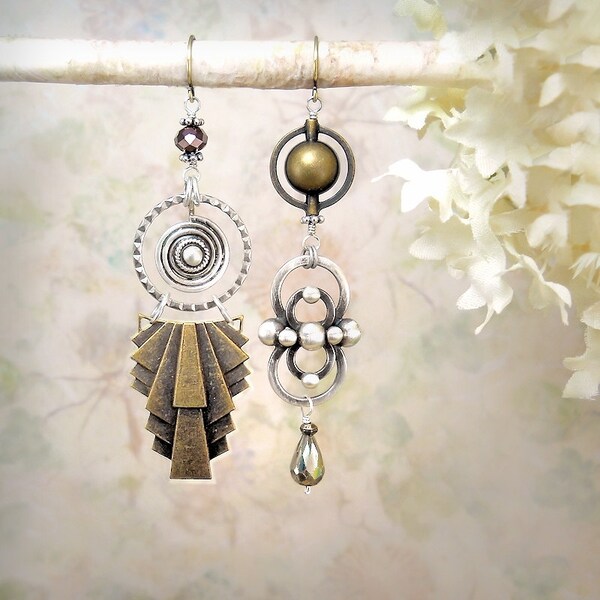 RESERVED for codoe - Metropolis - Art Deco Assemblage Earrings Asymmetric Art Moderne Antiqued Mixed Metals, Romantic Sleek Boho Bohemian