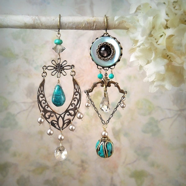 Petrichor Asymmetric Earrings Bronze and Turquoise Gemstone Earrings Aqua Blue Chandelier Dangle Earrings December Birthstone Beach Wedding