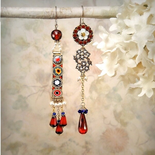 Asymmetrical Earrings, Romantic Red Chandelier Earrings, Festival Jewelry, Vintage Italian Micromosaic Millefiori, Garnet Gemstone - Amadora