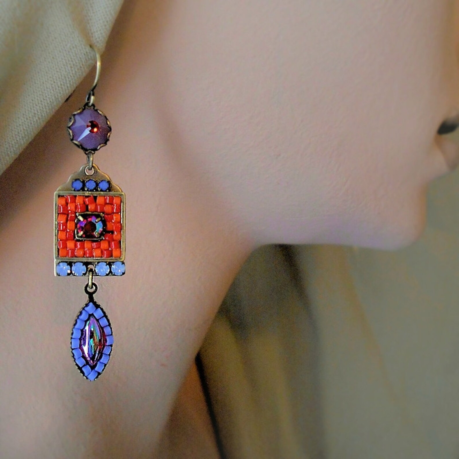 Wildfire Micro Mosaic Earrings Czech Glass Rhinestone Earrings Etsy