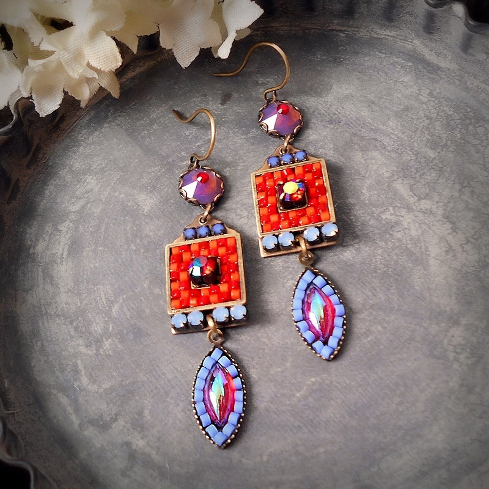 Wildfire Micro Mosaic Earrings Czech Glass Rhinestone Earrings Etsy