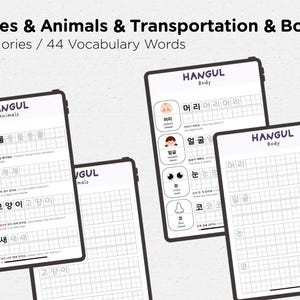May include: Four digital tablets displaying Korean vocabulary lessons. The screens show words for clothes, animals, transportation, and body parts. Each tablet has a black border and white background with the word "HANGUL" at the top.