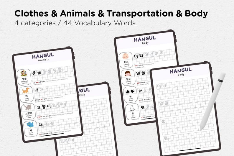 May include: Four digital tablets displaying Korean vocabulary lessons. The screens show words for clothes, animals, transportation, and body parts. Each tablet has a black border and white background with the word "HANGUL" at the top.