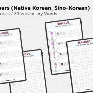May include: Digital learning materials for Korean language learners. The image shows several tablets displaying Hangul number vocabulary. The tablets show both Native Korean and Sino-Korean numbers, with examples of each number written out. A stylus is also visible.