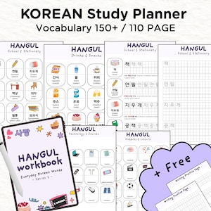 Peut inclure: Un planificateur d'étude coréen avec le texte "KOREAN Study Planner Vocabulary 150+ / 110 PAGE." L'image montre diverses pages d'étude avec du vocabulaire Hangul, un cahier d'exercices et une page d'entraînement gratuite.