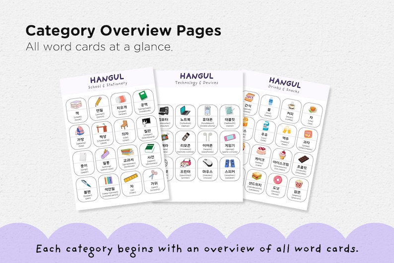 May include: Three white flashcards with Korean words and illustrations. The cards are labeled "School & Stationery", "Technology & Devices", and "Drinks & Snacks". Each card has a grid of illustrated vocabulary words.