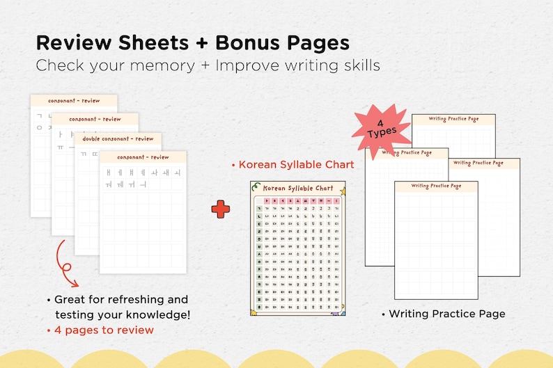 May include: Educational materials for Korean language learners. The image shows review sheets, bonus pages, and a Korean syllable chart. The text includes "Review Sheets + Bonus Pages" and "Check your memory + Improve writing skills."