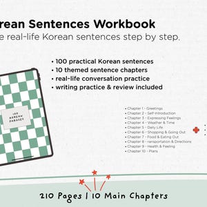 May include: A workbook titled "4. Korean Sentences Workbook" with a digital tablet and stylus. The tablet displays a green and white checkered pattern. The workbook includes 100 Korean sentences, themed chapters, conversation practice, and writing practice.