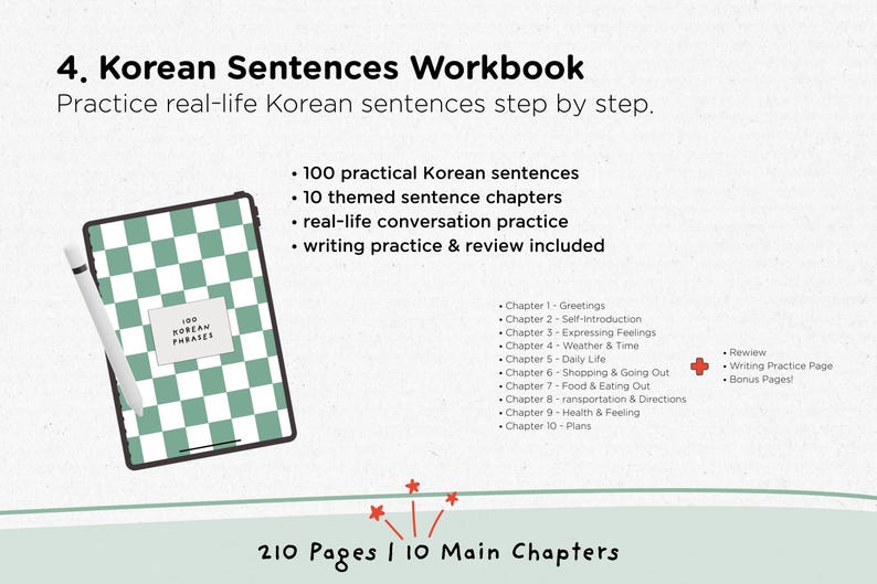 May include: A workbook titled "4. Korean Sentences Workbook" with a digital tablet and stylus. The tablet displays a green and white checkered pattern. The workbook includes 100 Korean sentences, themed chapters, conversation practice, and writing practice.