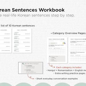 May include: A workbook titled "Korean Sentences Workbook" with the text "Practice real-life Korean sentences step by step." The workbook includes a full list of 10 Korean sentences, category overview pages, and short everyday conversation examples.
