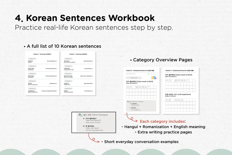 May include: A workbook titled "Korean Sentences Workbook" with the text "Practice real-life Korean sentences step by step." The workbook includes a full list of 10 Korean sentences, category overview pages, and short everyday conversation examples.