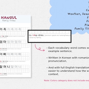 May include: A white Hangul Family Titles worksheet with Korean vocabulary words and English translations. The worksheet includes example sentences and romanized pronunciation. Additional pages cover time, date, colors, weather, food, fruits, and places.