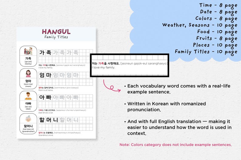 May include: A white Hangul Family Titles worksheet with Korean vocabulary words and English translations. The worksheet includes example sentences and romanized pronunciation. Additional pages cover time, date, colors, weather, food, fruits, and places.