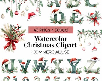 Christmas Alphabet PNG, Watercolor Christmas Letters Clipart, Holiday Font, Festive Numbers Set, Kawaii Christmas PNG Bundle, Commercial Use