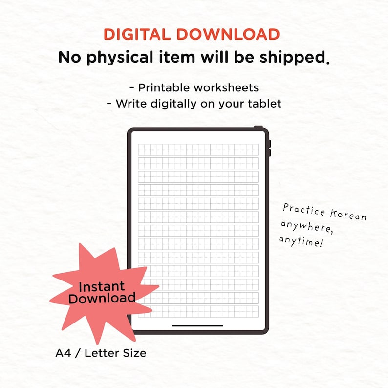 May include: Digital download image featuring a tablet displaying a Korean writing worksheet. The image includes the text "DIGITAL DOWNLOAD" and "Instant Download." The worksheet is A4/Letter size and designed for digital use.