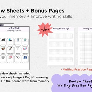May include: Educational materials for learning Korean. The image shows review sheets with images and English meanings, and writing practice pages. The text says "Review Sheets + Bonus Pages" and "Check your memory + Improve writing skills."