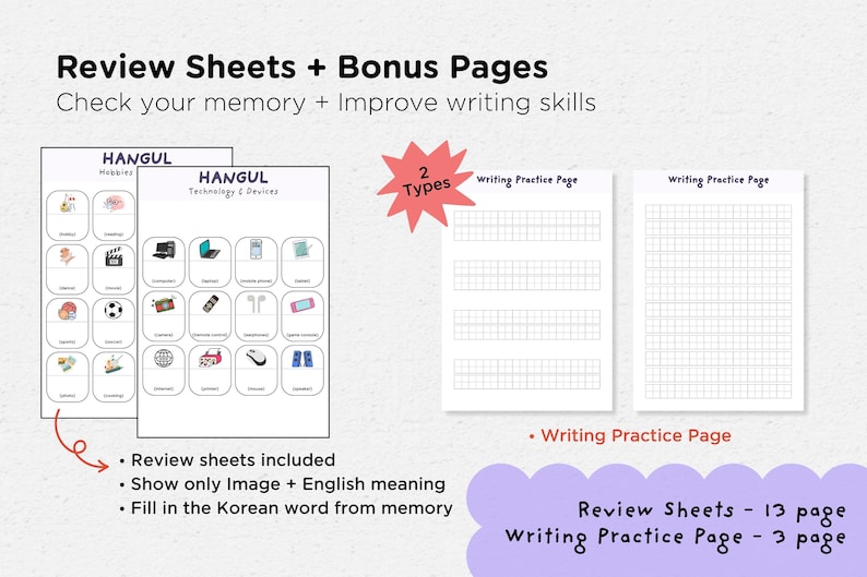 May include: Educational materials for learning Korean. The image shows review sheets with images and English meanings, and writing practice pages. The text says "Review Sheets + Bonus Pages" and "Check your memory + Improve writing skills."
