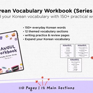 May include: A Korean vocabulary workbook titled "Hangul Workbook" with the text "Everyday Korean Words - Series 2". The workbook includes 150+ words, 12 themed sections, and writing practice pages. The image also shows a stylus and a few example vocabulary sections.