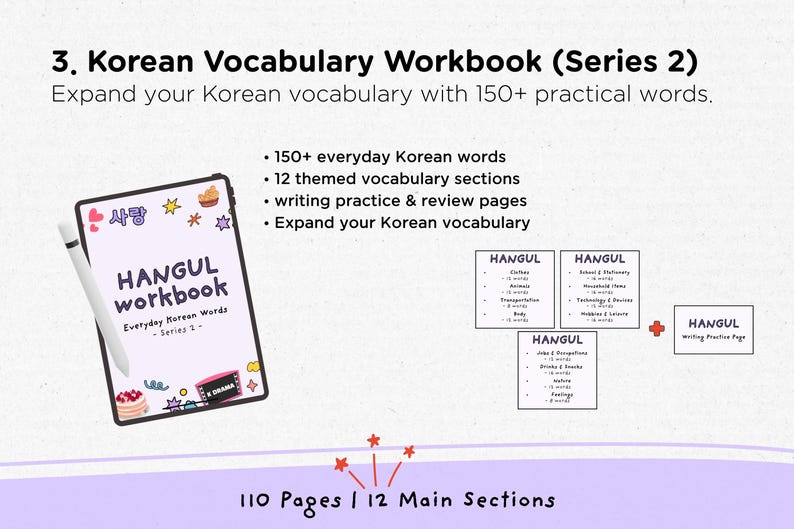 May include: A Korean vocabulary workbook titled "Hangul Workbook" with the text "Everyday Korean Words - Series 2". The workbook includes 150+ words, 12 themed sections, and writing practice pages. The image also shows a stylus and a few example vocabulary sections.