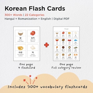 May include: Korean flash cards with over 300 words in 22 categories. The cards include Hangul, Romanization, and English translations. The image shows examples of food vocabulary, including rice, kimchi, ramen, and rice cake.