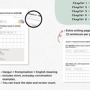 May include: A white worksheet with Korean language practice exercises. The worksheet includes Hangul, Romanization, and English translations. It features example sentences and a section for tracking reviews. The text "Chapter 6 - Shopping & Going Out" is visible.
