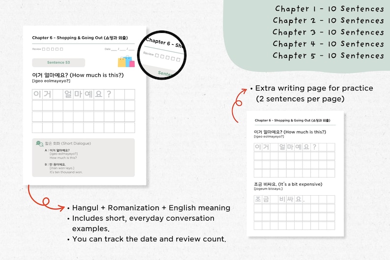May include: A white worksheet with Korean language practice exercises. The worksheet includes Hangul, Romanization, and English translations. It features example sentences and a section for tracking reviews. The text "Chapter 6 - Shopping & Going Out" is visible.