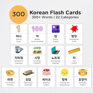 Puede incluir: Tarjetas didácticas coreanas con más de 300 palabras y 22 categorías. Cada tarjeta presenta una palabra coreana y su traducción al inglés. Las tarjetas incluyen ilustraciones de metro, ramen, pastel y un tigre.